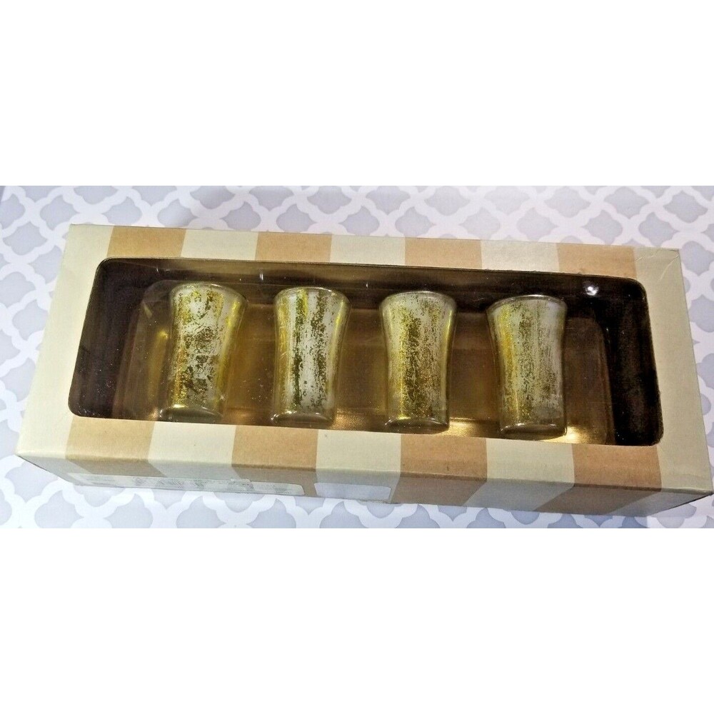 Vintage Votives Bombay Co. Set 4 Gold-Wash Votives + Display Tray NEW